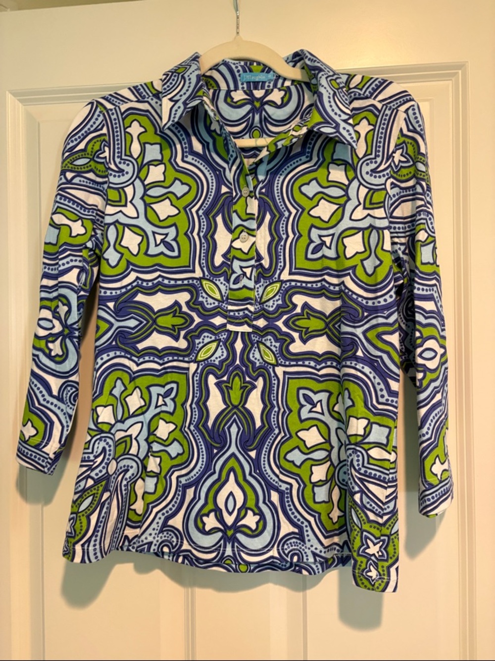 J. McLaughlin Green, Blue & White Printed Long Sleeve Polo Top